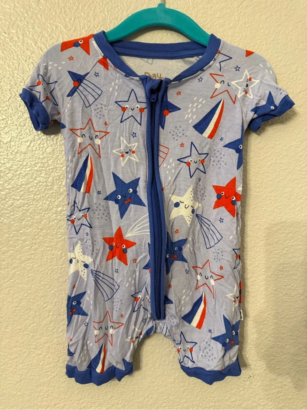 Little Sleepies Light Blue Short-Sleeve Zip Star Print One-Piece - Blue/Red/Whit